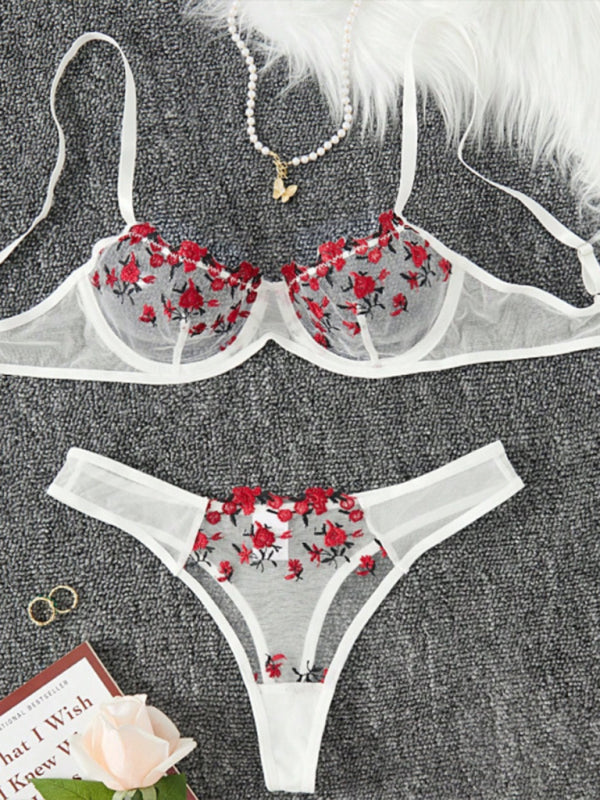 Lingerie Set- Sheer Embroidered Lace Bra and Thong Set for Intimate Love Celebrations- White- IndioGear Clothing and Gear