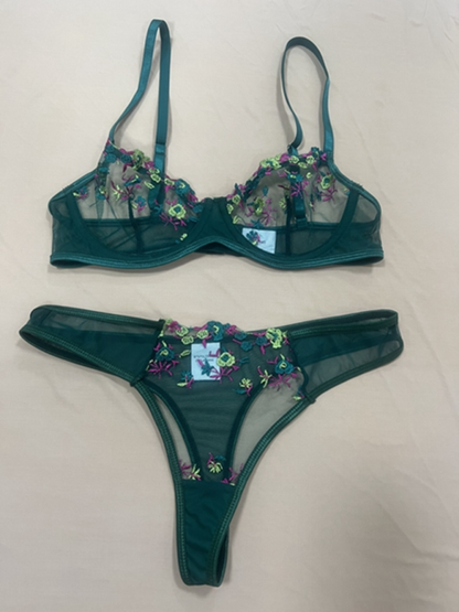 Lingerie Set- Sheer Embroidered Lace Bra and Thong Set for Intimate Love Celebrations- Green black jasper- IndioGear Clothing and Gear