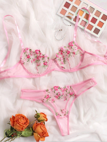 Lingerie Set- Sheer Embroidered Lace Bra and Thong Set for Intimate Love Celebrations- - IndioGear Clothing and Gear