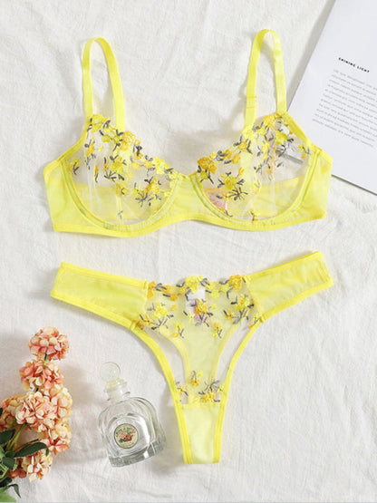 Lingerie Set- Sheer Embroidered Lace Bra and Thong Set for Intimate Love Celebrations- Yellow- IndioGear Clothing and Gear