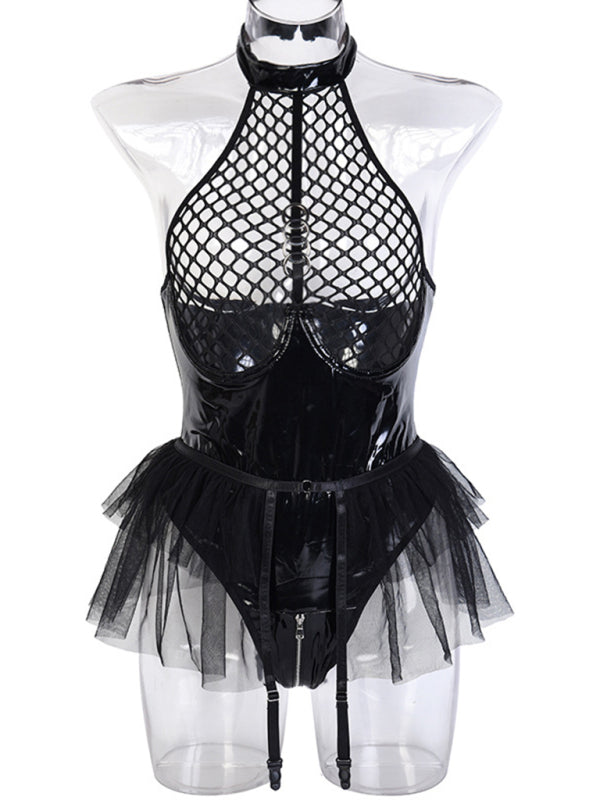 Lingerie- Tulle Lingerie Mesh Faux Leather Teddy Bodysuit with Garter Belt- - IndioGear Fashion and Gear