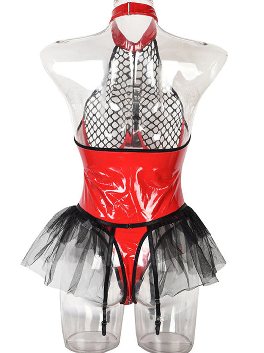 Lingerie- Tulle Lingerie Mesh Faux Leather Teddy Bodysuit with Garter Belt- Red- IndioGear Fashion and Gear