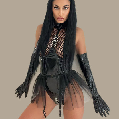 Lingerie- Tulle Lingerie Mesh Faux Leather Teddy Bodysuit with Garter Belt- Black- IndioGear Fashion and Gear