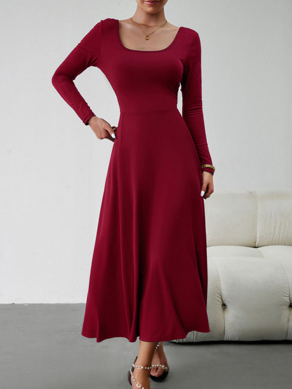 Long Dresses- Elegant Fall-Winter A-Line Maxi Dress with Lace-Up Waist- Wine Red- IndioGear Fashion and Gear