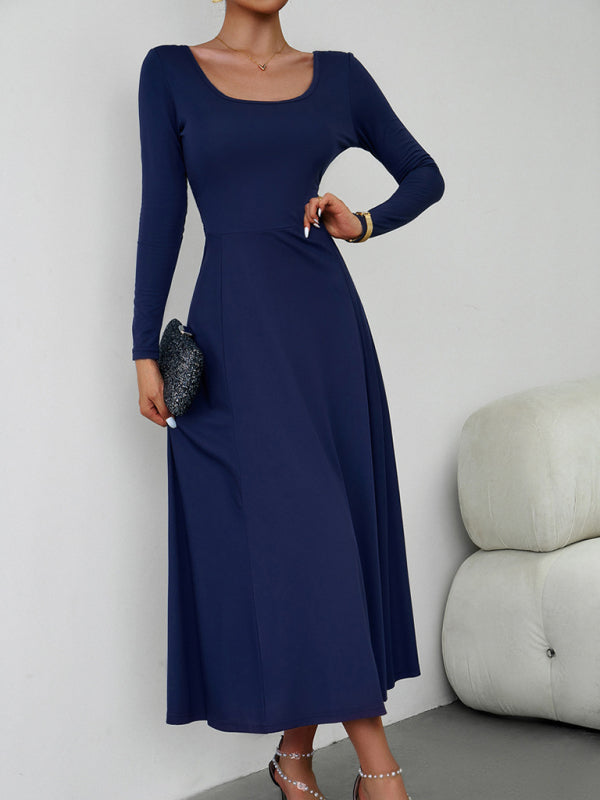 Long Dresses- Elegant Fall-Winter A-Line Maxi Dress with Lace-Up Waist- - IndioGear Fashion and Gear