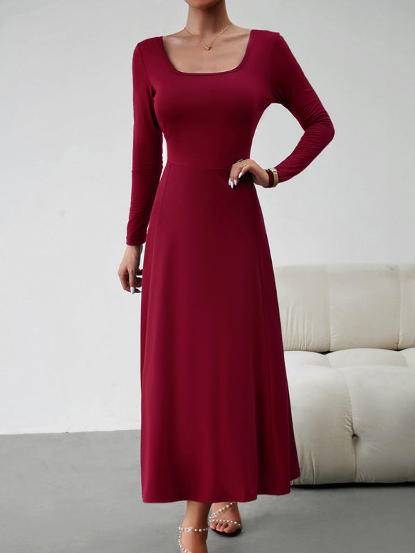 Long Dresses- Elegant Fall-Winter A-Line Maxi Dress with Lace-Up Waist- - IndioGear Fashion and Gear