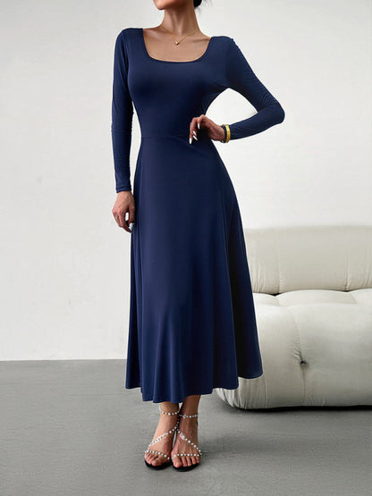 Long Dresses- Elegant Fall-Winter A-Line Maxi Dress with Lace-Up Waist- - IndioGear Fashion and Gear