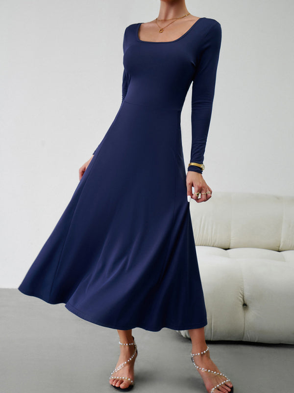 Long Dresses- Elegant Fall-Winter A-Line Maxi Dress with Lace-Up Waist- - IndioGear Fashion and Gear