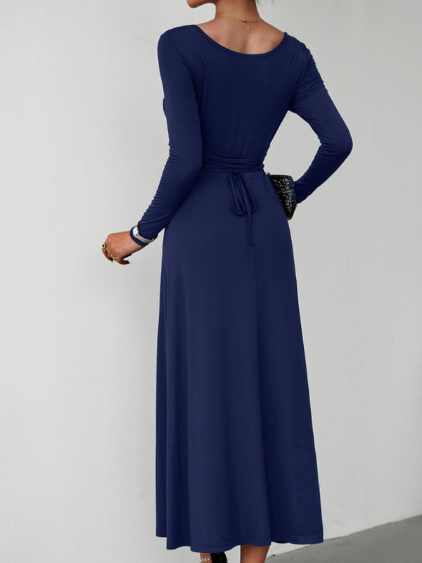 Long Dresses- Elegant Fall-Winter A-Line Maxi Dress with Lace-Up Waist- - IndioGear Fashion and Gear