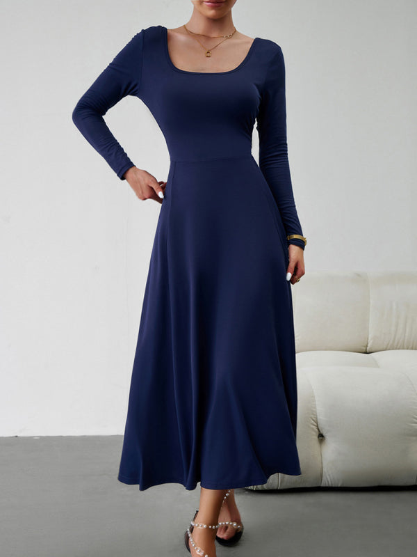 Long Dresses- Elegant Fall-Winter A-Line Maxi Dress with Lace-Up Waist- Royal blue- IndioGear Fashion and Gear