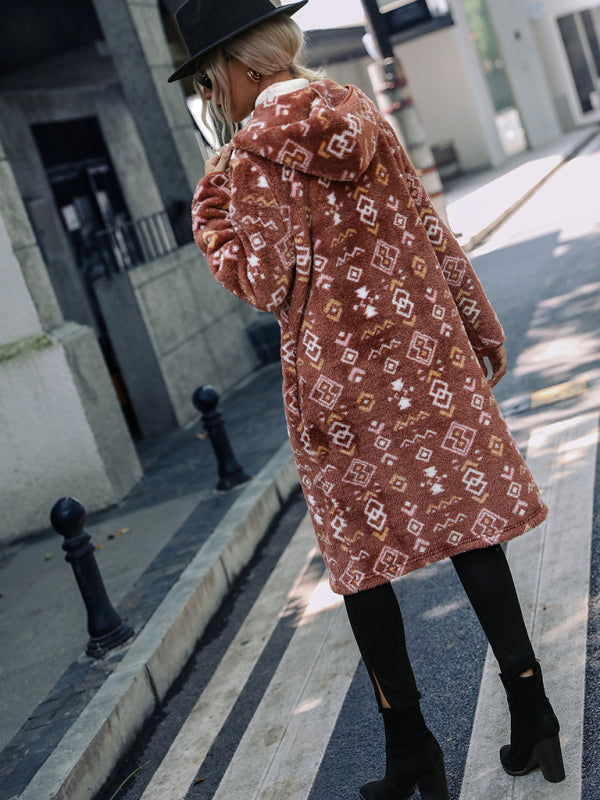 Cozy Outerwear Geo Fuzzy Fleece Hoodie Longline Jacket | Long Jackets | Pekosa Women Clothing