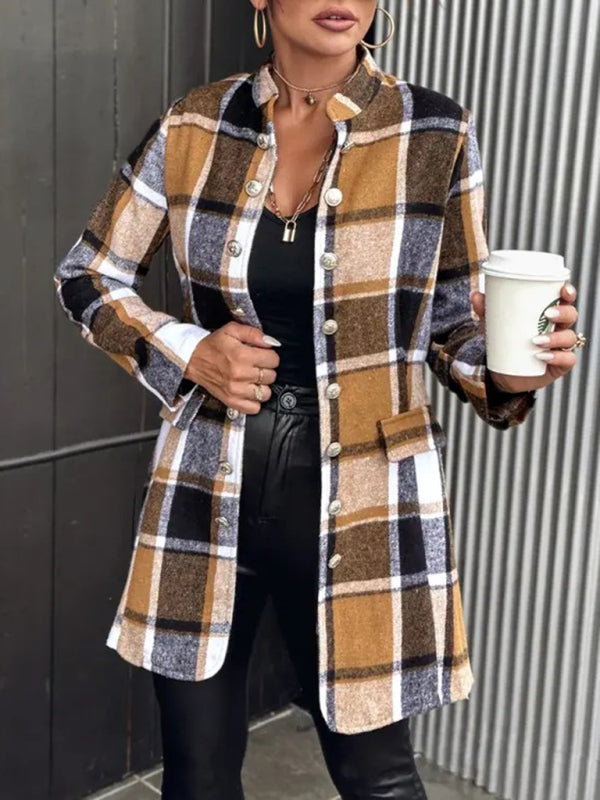 Longline Jackets-Fall Plaid Mid-Length Jacket - Wool Blend Shacket-Pekosa Women Clothing