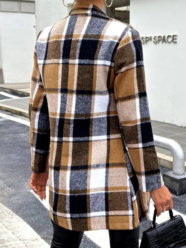 Longline Jackets-Fall Plaid Mid-Length Jacket - Wool Blend Shacket-Pekosa Women Clothing