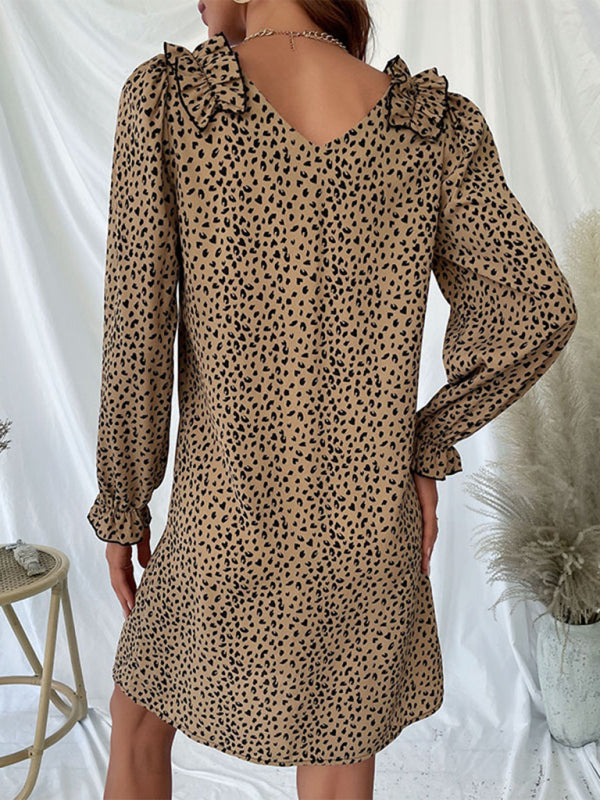 Loose Dresses- Leopard Print V Neck Long Sleeve Tunic Dress- - IndioGear Fashion and Gear