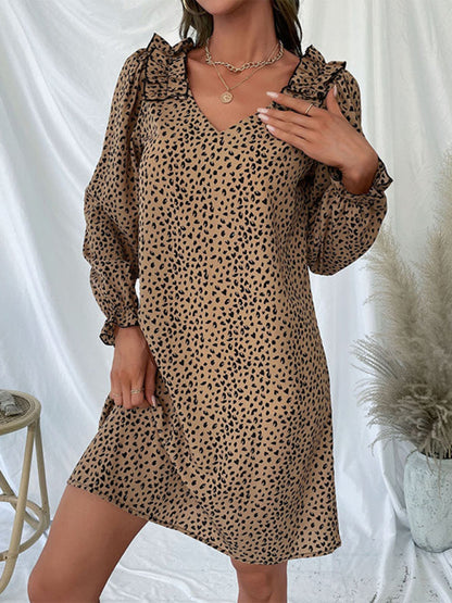 Loose Dresses- Leopard Print V Neck Long Sleeve Tunic Dress- - IndioGear Fashion and Gear