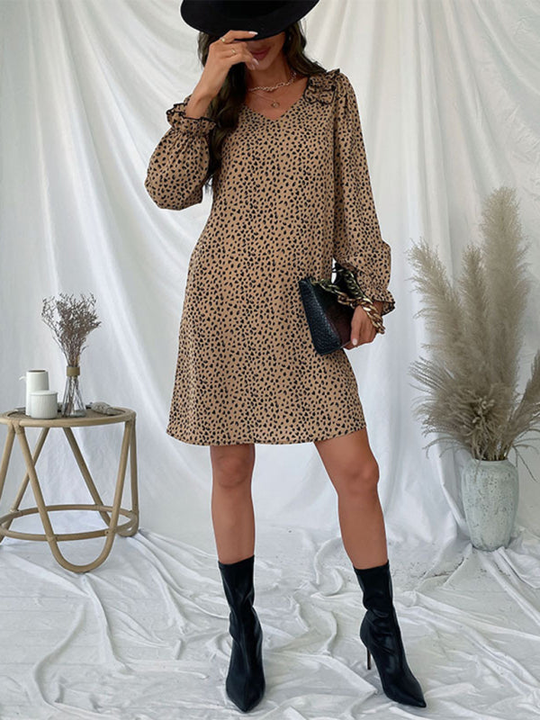 Loose Dresses- Leopard Print V Neck Long Sleeve Tunic Dress- - IndioGear Fashion and Gear