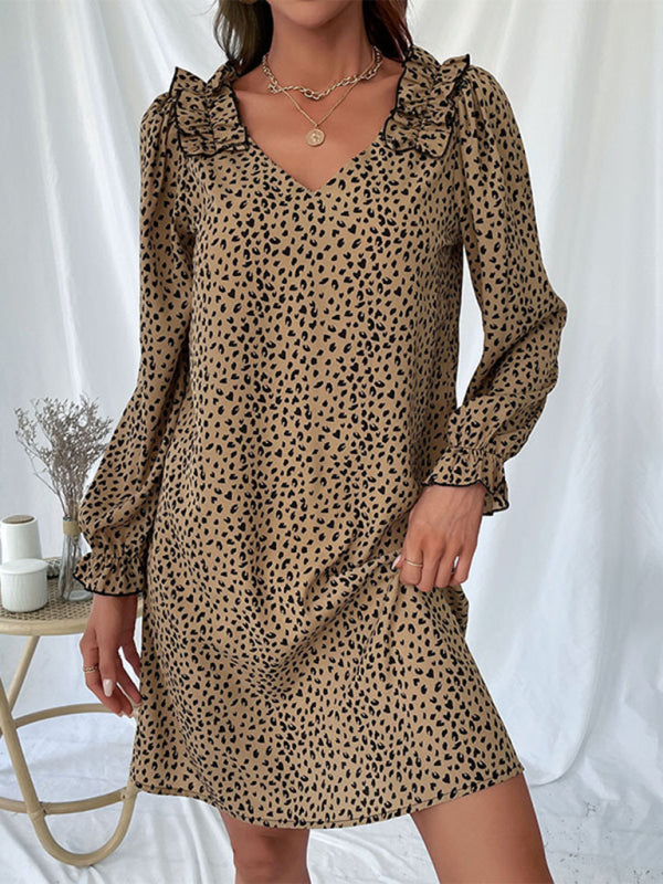 Loose Dresses- Leopard Print V Neck Long Sleeve Tunic Dress- - IndioGear Fashion and Gear