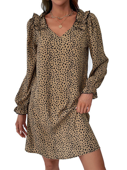 Loose Dresses- Leopard Print V Neck Long Sleeve Tunic Dress- - IndioGear Fashion and Gear