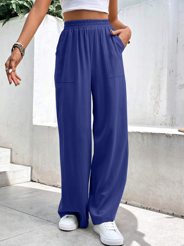 Loose Pants- Smocked Waist Solid Pants for Women's Lounge Wear- - IndioGear Fashion and Gear