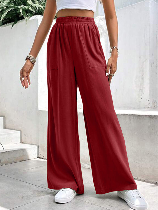 Loose Pants- Smocked Waist Solid Pants for Women's Lounge Wear- - IndioGear Fashion and Gear