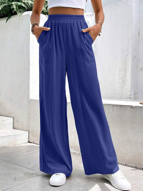 Loose Pants- Smocked Waist Solid Pants for Women's Lounge Wear- Purplish blue navy- IndioGear Fashion and Gear