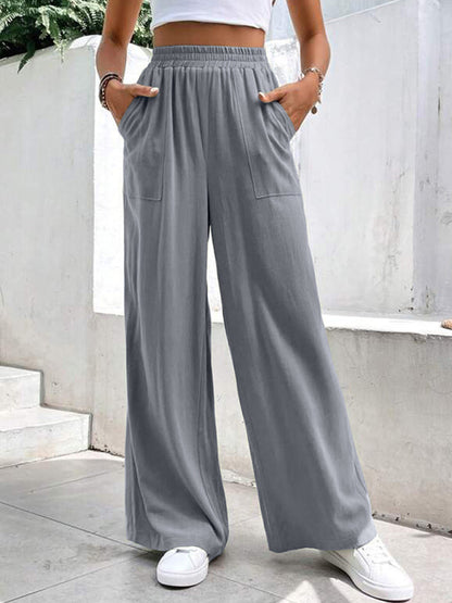 Loose Pants- Smocked Waist Solid Pants for Women's Lounge Wear- - IndioGear Fashion and Gear