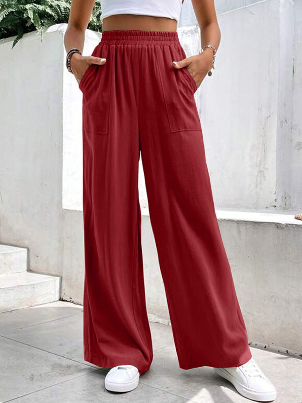 Loose Pants- Smocked Waist Solid Pants for Women's Lounge Wear- Wine Red- IndioGear Fashion and Gear