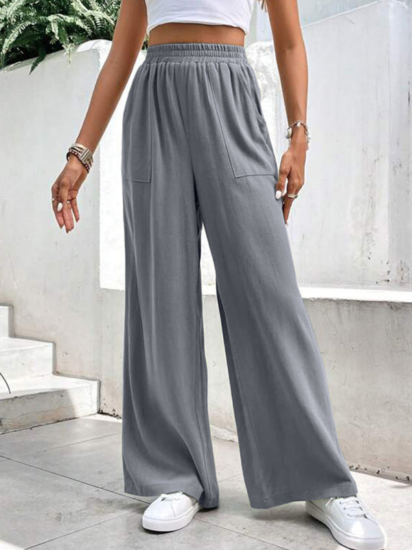 Loose Pants- Smocked Waist Solid Pants for Women's Lounge Wear- - IndioGear Fashion and Gear