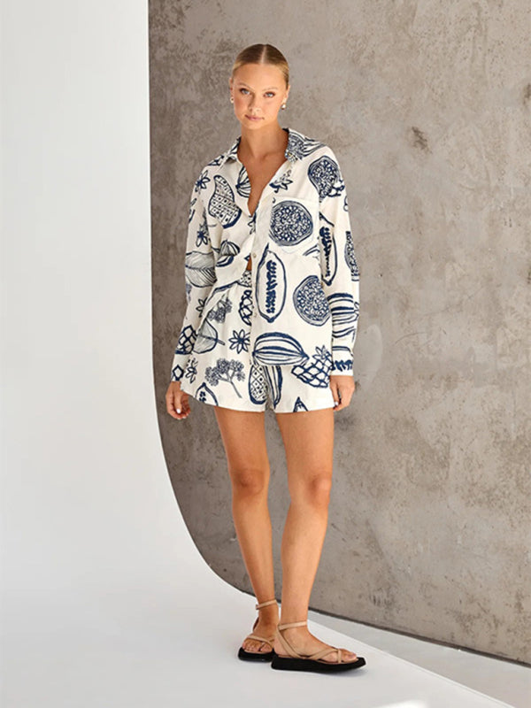 Lounge Outfits-Lounge Wear Leaf Print 2 Piece Set - Shorts & Long Sleeves Shirt-Pekosa Women Clothing