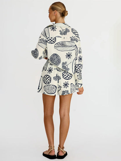 Lounge Outfits-Lounge Wear Leaf Print 2 Piece Set - Shorts & Long Sleeves Shirt-Pekosa Women Clothing