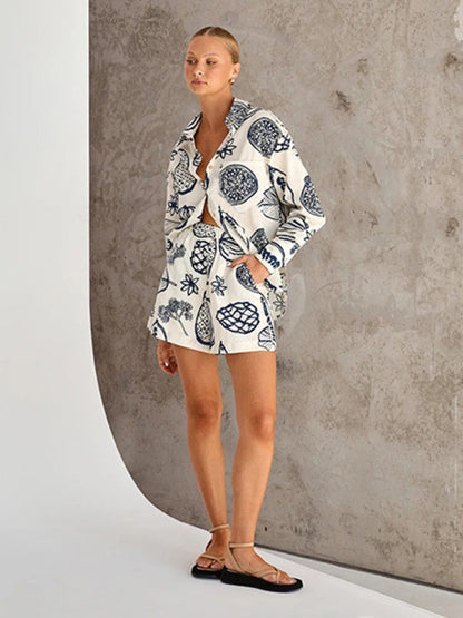 Lounge Outfits-Lounge Wear Leaf Print 2 Piece Set - Shorts & Long Sleeves Shirt-Pekosa Women Clothing