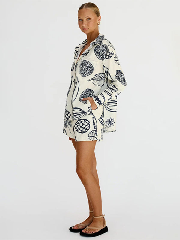 Lounge Outfits-Lounge Wear Leaf Print 2 Piece Set - Shorts & Long Sleeves Shirt-Pekosa Women Clothing