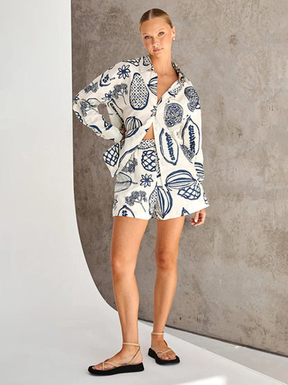 Lounge Outfits-Lounge Wear Leaf Print 2 Piece Set - Shorts & Long Sleeves Shirt-Pekosa Women Clothing