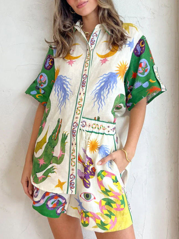 Lounge Set- Graphic Print Cotton-linen Hawaii Shirt + Shorts Suit- - IndioGear Fashion and Gear