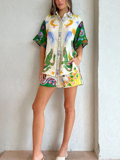 Lounge Set- Graphic Print Cotton-linen Hawaii Shirt + Shorts Suit- - IndioGear Fashion and Gear