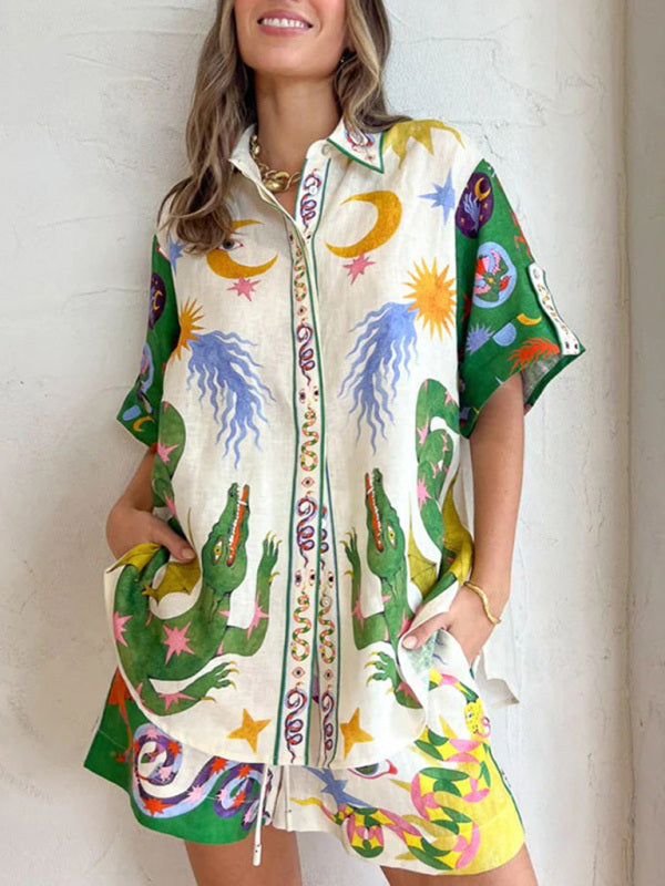 Lounge Set- Graphic Print Cotton-linen Hawaii Shirt + Shorts Suit- Green- IndioGear Fashion and Gear