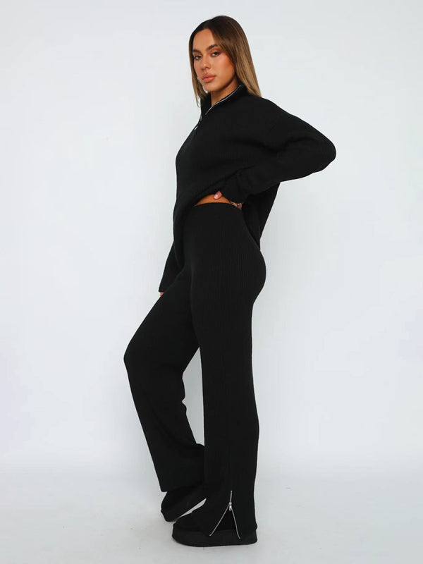 Lounge Set- Laid-Back Luxury: Zip-Up Sweater and Slit Side Lounge Pants- - IndioGear Clothing and Gear