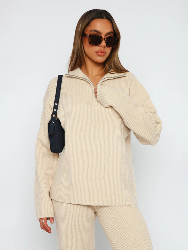 Lounge Set- Laid-Back Luxury: Zip-Up Sweater and Slit Side Lounge Pants- - IndioGear Clothing and Gear