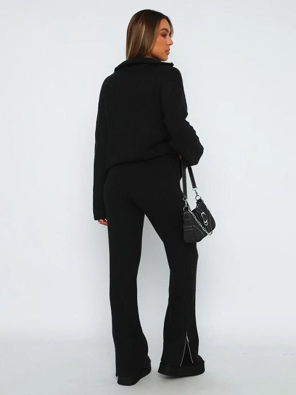 Lounge Set- Laid-Back Luxury: Zip-Up Sweater and Slit Side Lounge Pants- - IndioGear Clothing and Gear