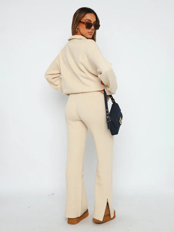 Lounge Set- Laid-Back Luxury: Zip-Up Sweater and Slit Side Lounge Pants- - IndioGear Clothing and Gear