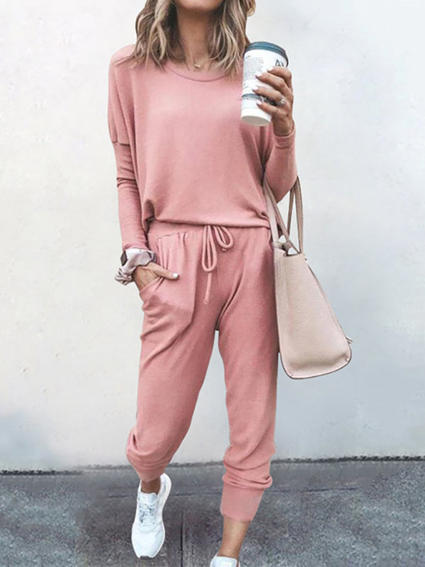 Lounge Set- Soft Lounge Cotton Blend Pants and Long Sleeve T-Shirt 2-Piece Set- Pink- IndioGear Clothing and Gear