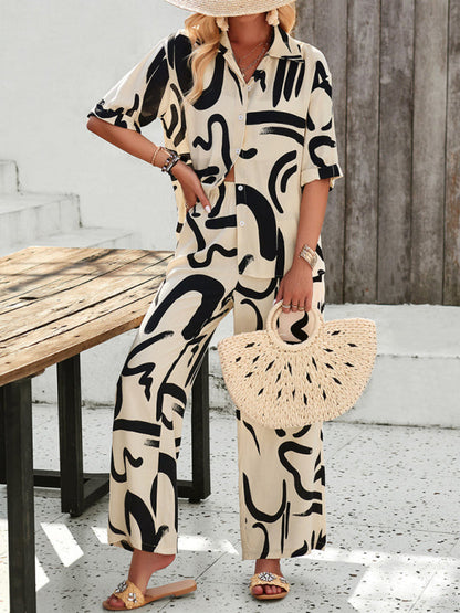 Lounge Set-Tropical Casual 2-Piece Shirt and Pants Vacation Set-Pekosa Women Clothing