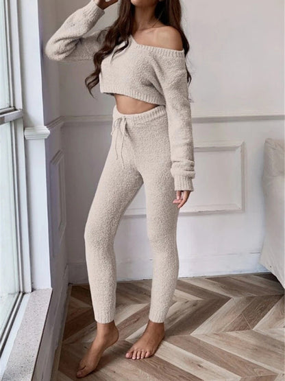 Lounge Suit- Knit Plush Lounger Crop Sweater and Pants Duo- Cracker khaki- IndioGear Clothing and Gear