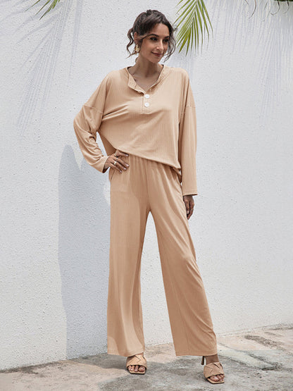 Loungewear-Casual Lounge Ribbed 2-Piece Set - Long Sleeve T-Shirt and Relaxed Pants-Pekosa Women Clothing