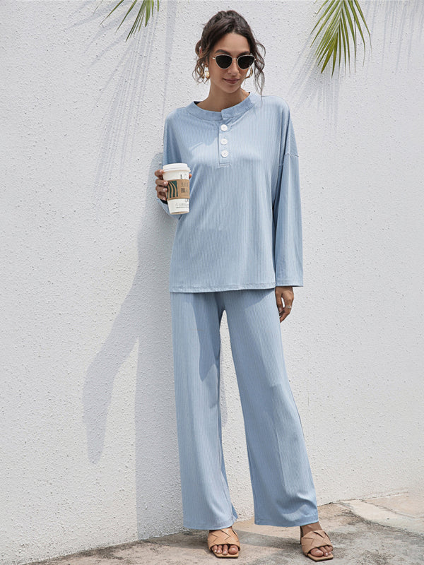 Loungewear-Casual Lounge Ribbed 2-Piece Set - Long Sleeve T-Shirt and Relaxed Pants-Pekosa Women Clothing