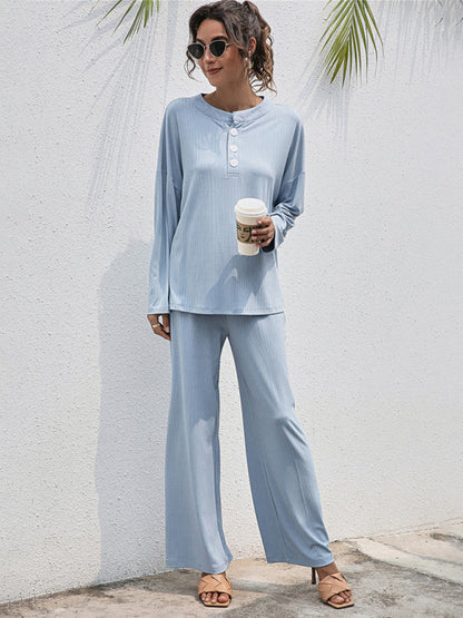 Loungewear-Casual Lounge Ribbed 2-Piece Set - Long Sleeve T-Shirt and Relaxed Pants-Pekosa Women Clothing