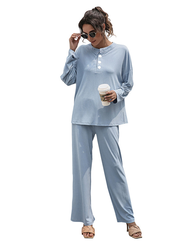 Loungewear-Casual Lounge Ribbed 2-Piece Set - Long Sleeve T-Shirt and Relaxed Pants-Pekosa Women Clothing