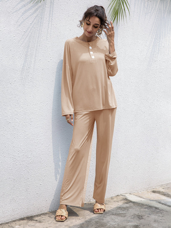 Loungewear-Casual Lounge Ribbed 2-Piece Set - Long Sleeve T-Shirt and Relaxed Pants-Pekosa Women Clothing