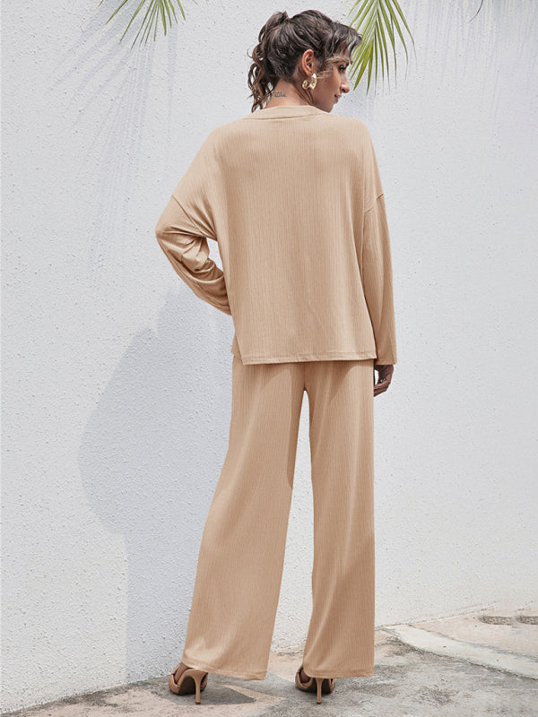 Loungewear-Casual Lounge Ribbed 2-Piece Set - Long Sleeve T-Shirt and Relaxed Pants-Pekosa Women Clothing