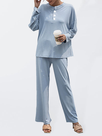 Loungewear-Casual Lounge Ribbed 2-Piece Set - Long Sleeve T-Shirt and Relaxed Pants-Pekosa Women Clothing